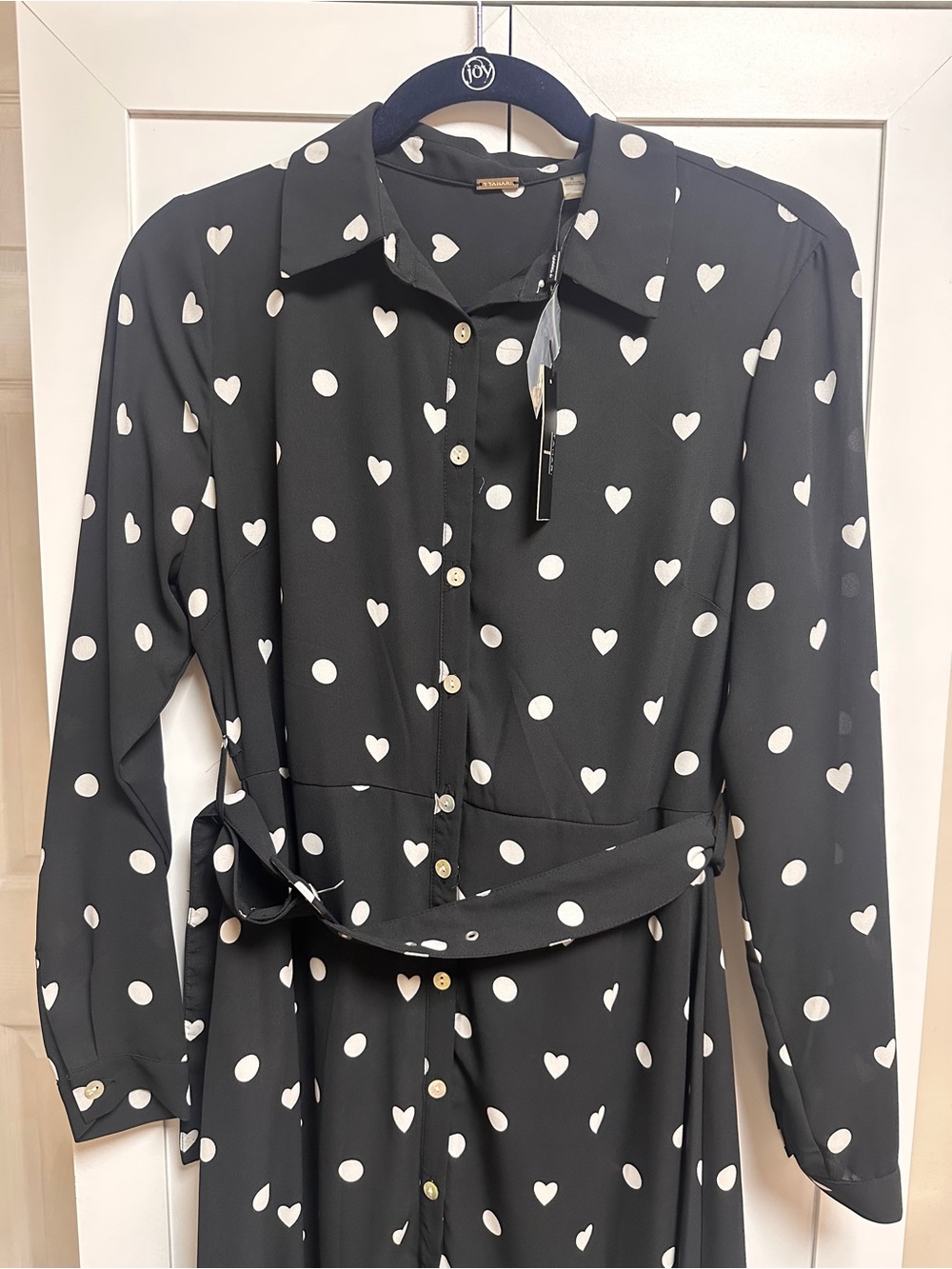 Black Button-Front Shirt Dress with White Heart & polka Dot Print size 6